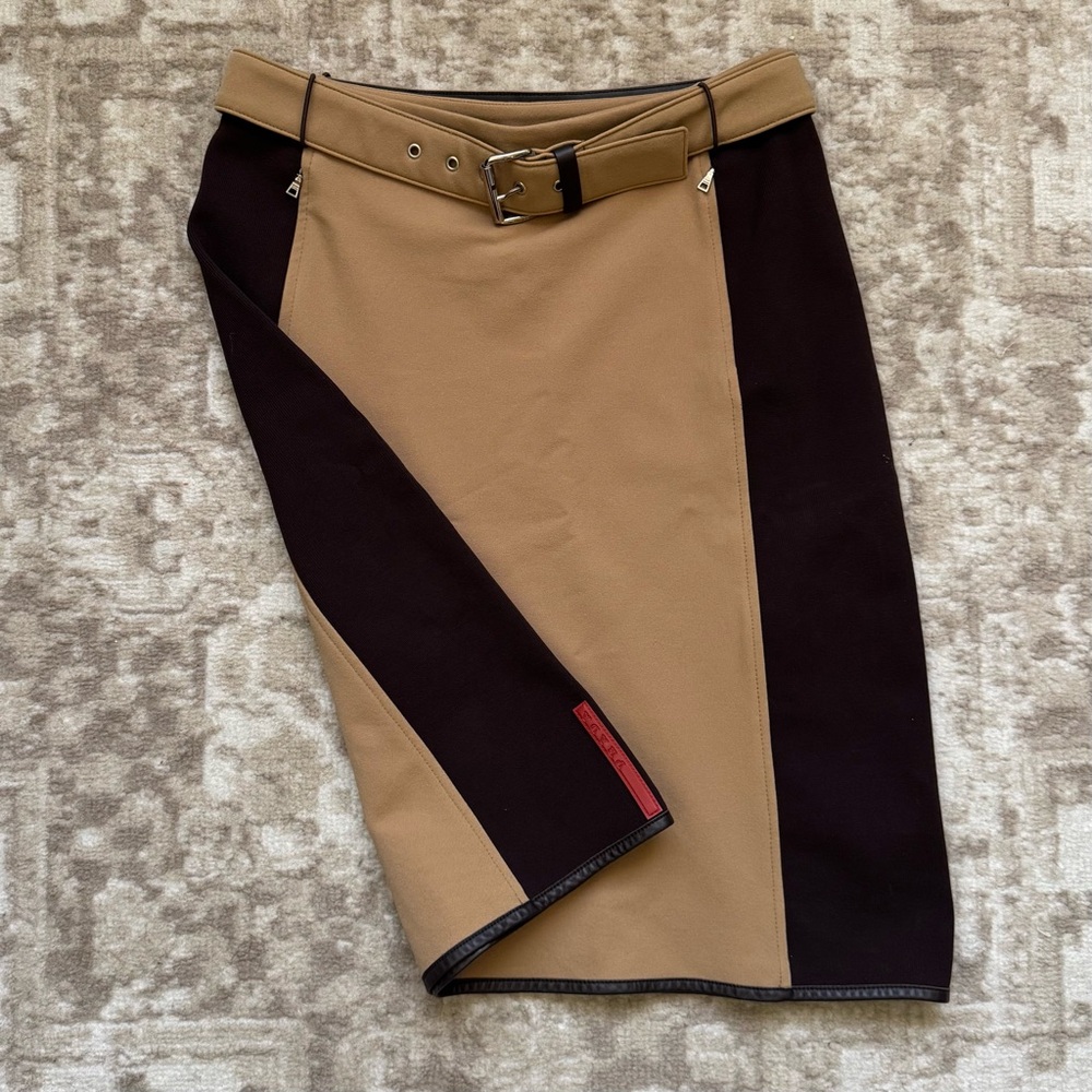 PRADA Tan and Brown Colorblock Mid-length Skirt with Belt